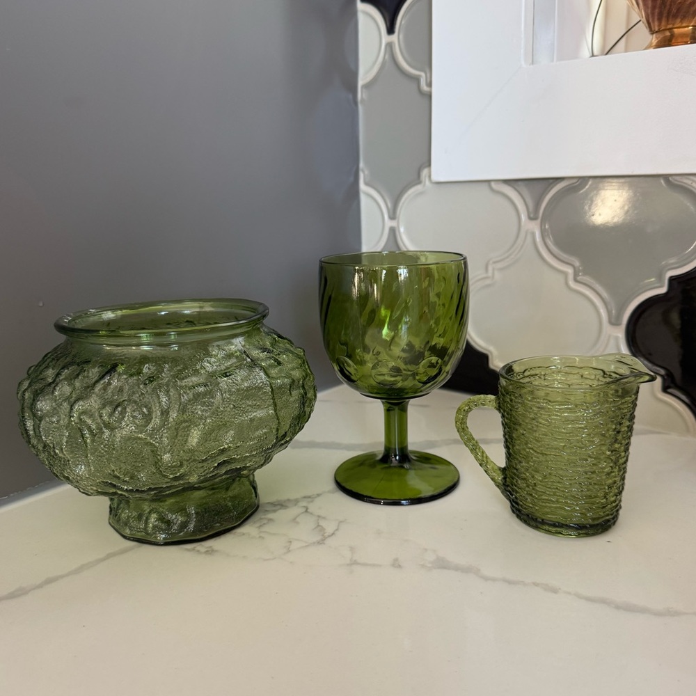 Vintage Green Glass Lot – Set of 3 (Vase, Goblet & Creamer)